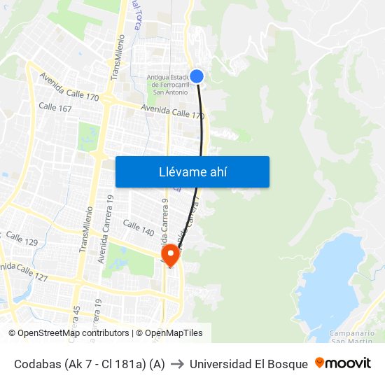 Codabas (Ak 7 - Cl 181a) (A) to Universidad El Bosque map