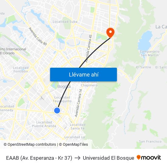 EAAB (Av. Esperanza - Kr 37) to Universidad El Bosque map