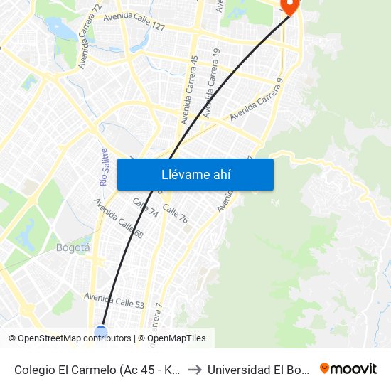 Colegio El Carmelo (Ac 45 - Kr 25a) to Universidad El Bosque map