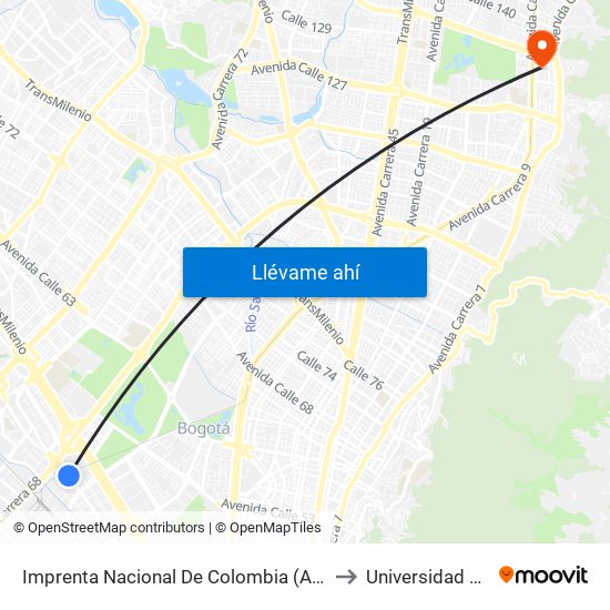 Imprenta Nacional De Colombia (Av. Esperanza - Kr 66) to Universidad El Bosque map