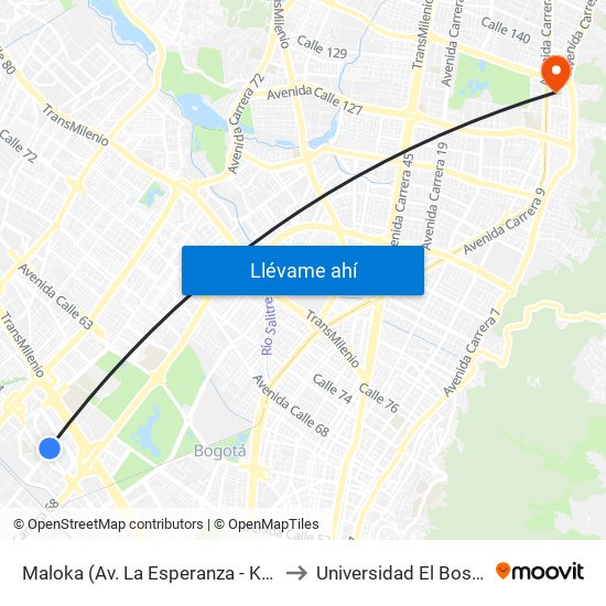 Maloka (Av. La Esperanza - Kr 69) to Universidad El Bosque map