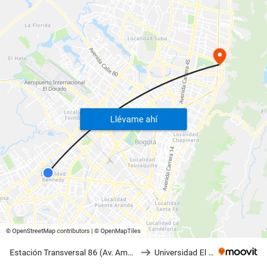 Estación Transversal 86 (Av. Américas - Kr 80c) to Universidad El Bosque map