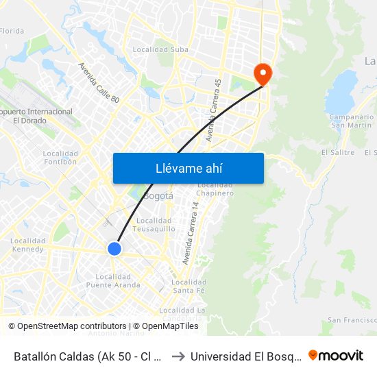 Batallón Caldas (Ak 50 - Cl 15) to Universidad El Bosque map