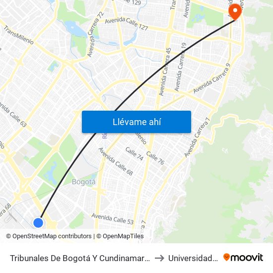 Tribunales De Bogotá Y Cundinamarca (Av. Esperanza - Kr 53) to Universidad El Bosque map