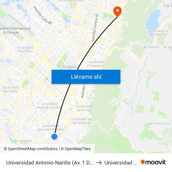 Universidad Antonio Nariño (Av. 1 De Mayo - Kr 13 Bis) (A) to Universidad El Bosque map