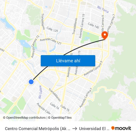 Centro Comercial Metrópolis (Ak 68 - Cl 75a) (A) to Universidad El Bosque map