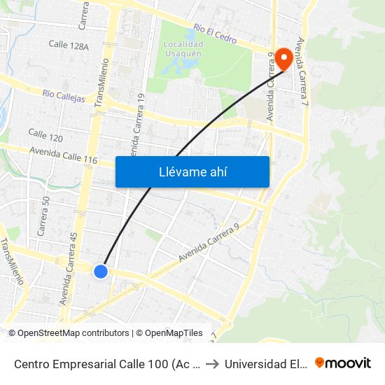 Centro Empresarial Calle 100 (Ac 100 - Tv 21) (C) to Universidad El Bosque map