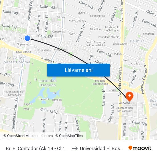 Br. El Contador (Ak 19 - Cl 135) to Universidad El Bosque map