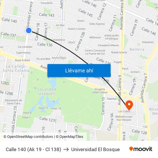 Calle 140 (Ak 19 - Cl 138) to Universidad El Bosque map