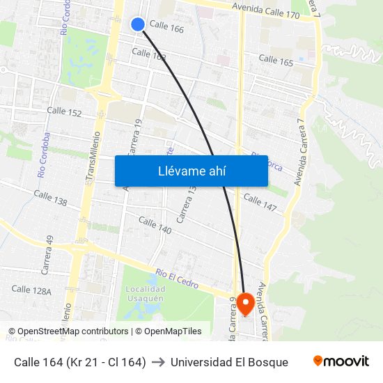 Calle 164 (Kr 21 - Cl 164) to Universidad El Bosque map