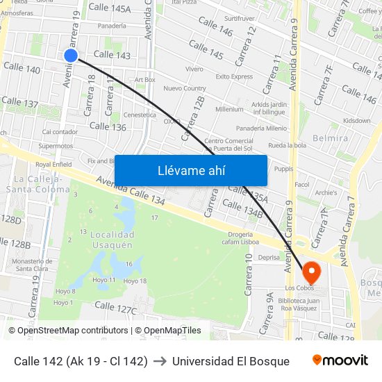 Calle 142 (Ak 19 - Cl 142) to Universidad El Bosque map