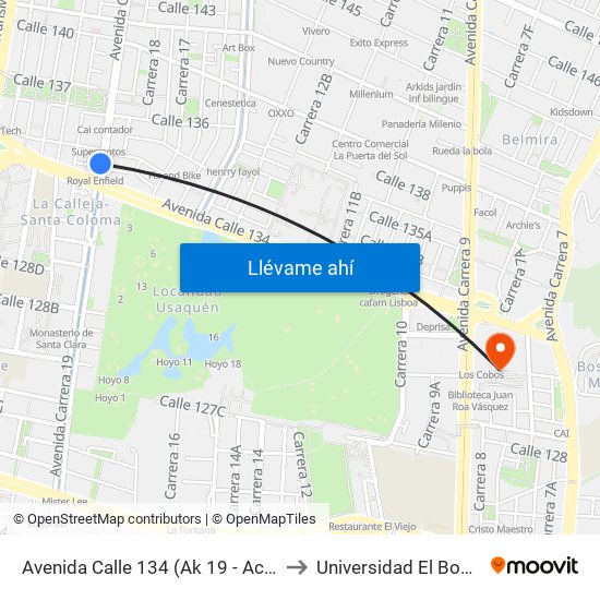 Avenida Calle 134 (Ak 19 - Ac 134) to Universidad El Bosque map