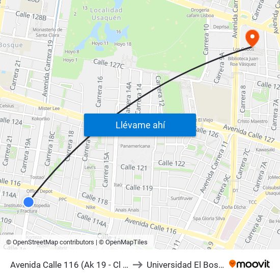 Avenida Calle 116 (Ak 19 - Cl 114) to Universidad El Bosque map