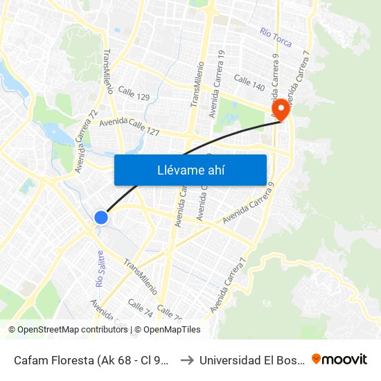 Cafam Floresta (Ak 68 - Cl 95) (A) to Universidad El Bosque map