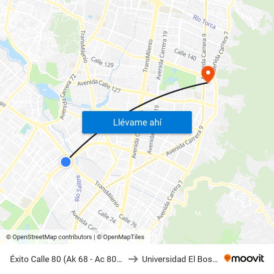 Éxito Calle 80 (Ak 68 - Ac 80) (A) to Universidad El Bosque map