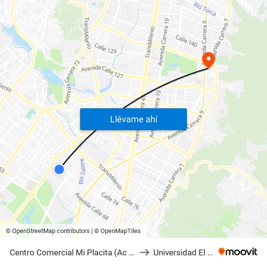 Centro Comercial Mi Placita (Ac 68 - Kr 65) (A) to Universidad El Bosque map