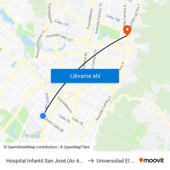 Hospital Infantil San José (Ac 68 - Kr 52) (A) to Universidad El Bosque map