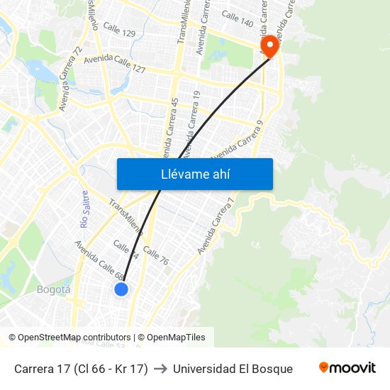Carrera 17 (Cl 66 - Kr 17) to Universidad El Bosque map