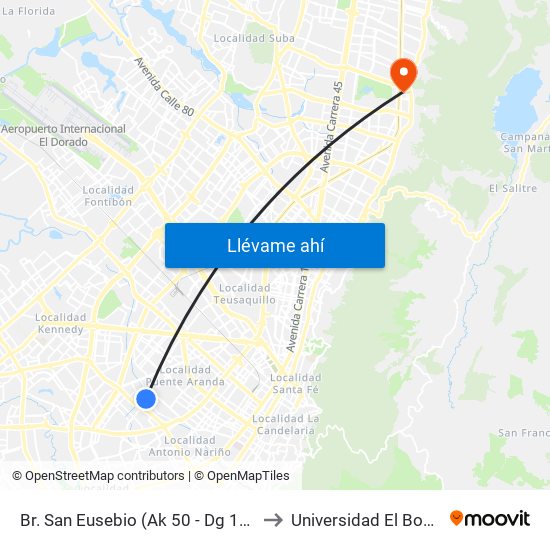 Br. San Eusebio (Ak 50 - Dg 16 Sur) to Universidad El Bosque map