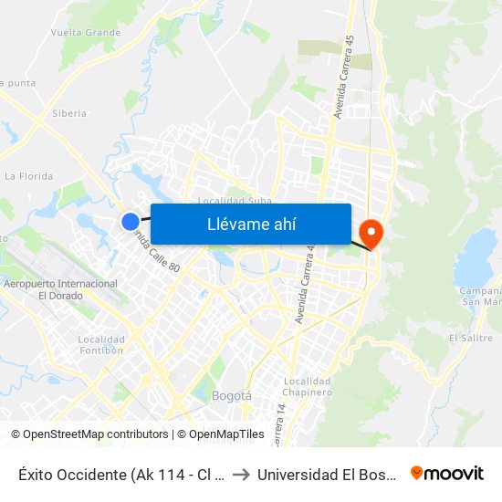 Éxito Occidente (Ak 114 - Cl 79) to Universidad El Bosque map
