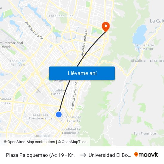 Plaza Paloquemao (Ac 19 - Kr 27) (A) to Universidad El Bosque map