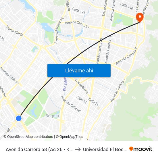 Avenida Carrera 68 (Ac 26 - Kr 68) to Universidad El Bosque map