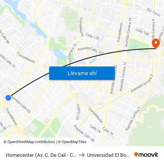 Homecenter (Av. C. De Cali - Cl 52a) to Universidad El Bosque map
