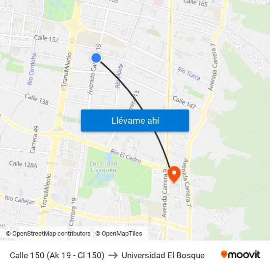 Calle 150 (Ak 19 - Cl 150) to Universidad El Bosque map