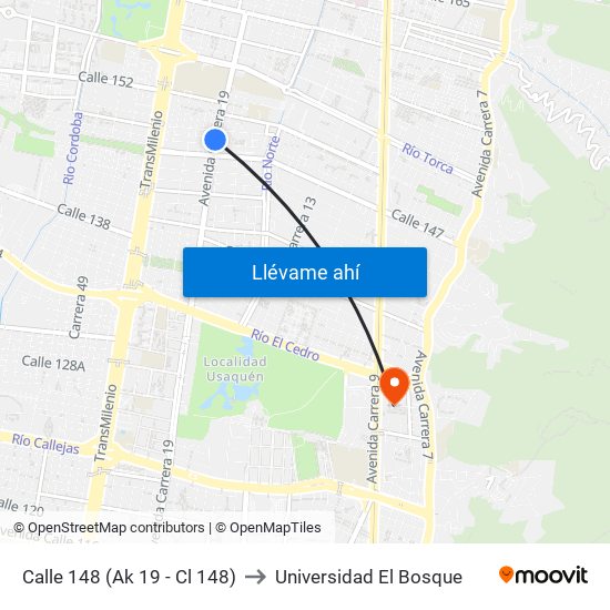 Calle 148 (Ak 19 - Cl 148) to Universidad El Bosque map