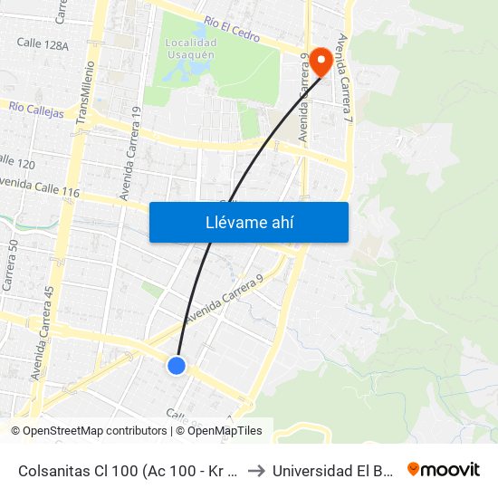 Colsanitas Cl 100 (Ac 100 - Kr 11b) (A) to Universidad El Bosque map