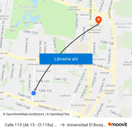 Calle 119 (Ak 15 - Cl 118a) (A) to Universidad El Bosque map