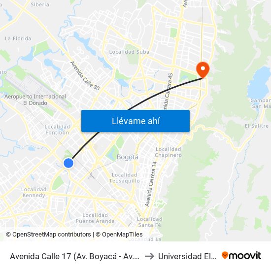 Avenida Calle 17 (Av. Boyacá - Av. Centenario) (A) to Universidad El Bosque map
