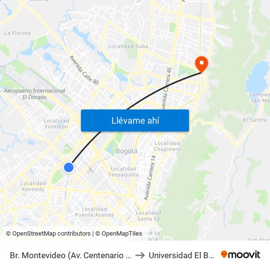 Br. Montevideo (Av. Centenario - Kr 68b) to Universidad El Bosque map