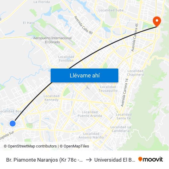 Br. Piamonte Naranjos (Kr 78c - Cl 70 Sur) to Universidad El Bosque map