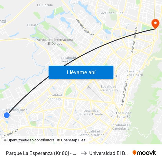 Parque La Esperanza (Kr 80j - Cl 75 Sur) to Universidad El Bosque map