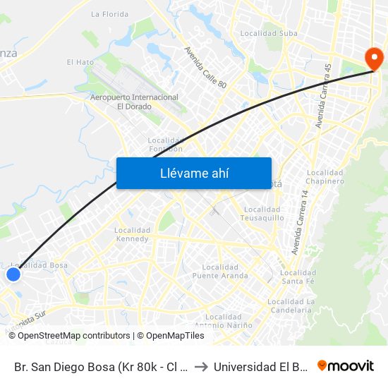 Br. San Diego Bosa (Kr 80k - Cl 82b Sur) to Universidad El Bosque map