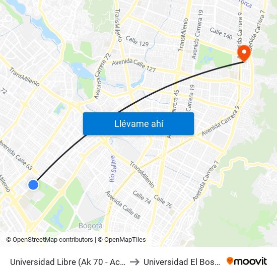 Universidad Libre (Ak 70 - Ac 53) to Universidad El Bosque map