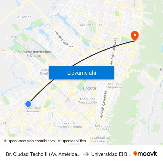 Br. Ciudad Techo II (Av. Américas - Kr 82a) to Universidad El Bosque map
