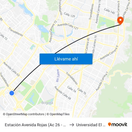 Estación Avenida Rojas (Ac 26 - Kr 69d Bis) (A) to Universidad El Bosque map