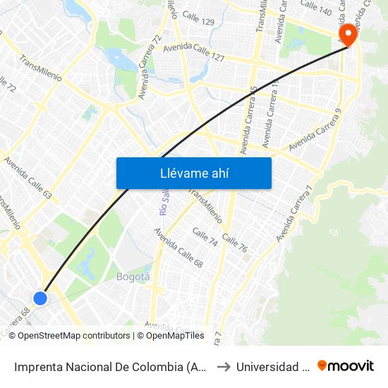 Imprenta Nacional De Colombia (Ak 68 - Av. Esperanza) (A) to Universidad El Bosque map