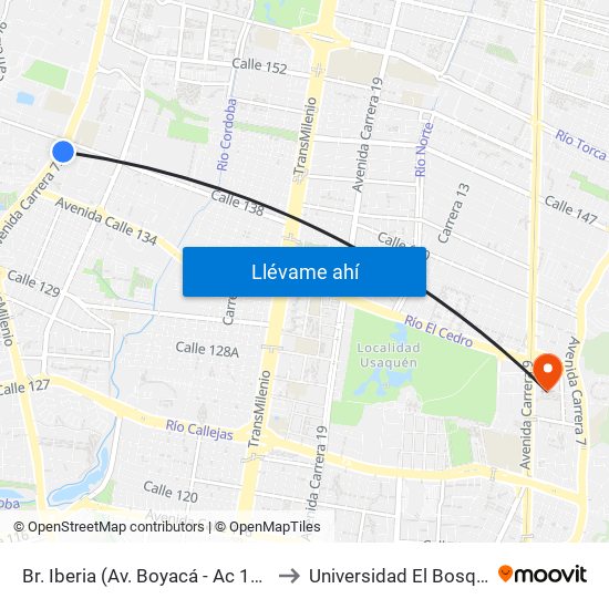 Br. Iberia (Av. Boyacá - Ac 138) to Universidad El Bosque map