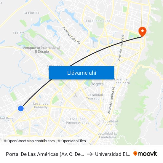 Portal De Las Américas (Av. C. De Cali - Av. V/Cio) to Universidad El Bosque map