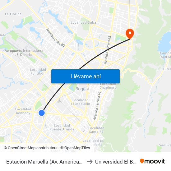 Estación Marsella (Av. Américas - Kr 69b) to Universidad El Bosque map