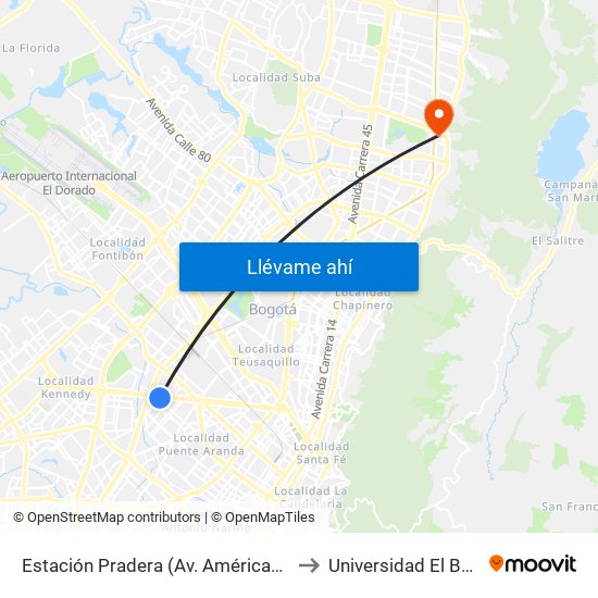 Estación Pradera (Av. Américas - Kr 65) to Universidad El Bosque map