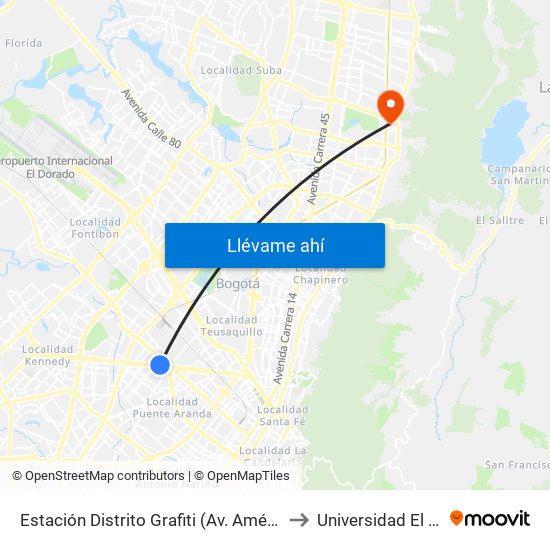 Estación Distrito Grafiti (Av. Américas - Kr 53a) to Universidad El Bosque map