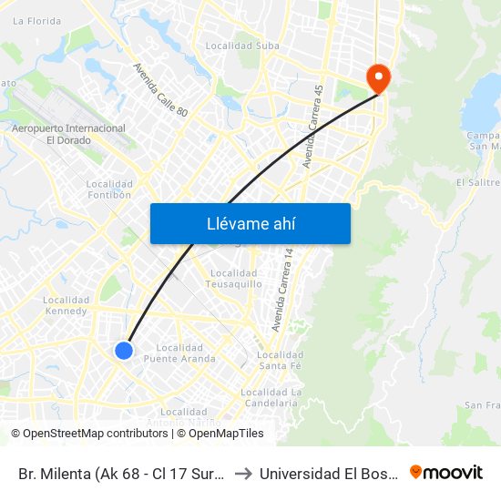 Br. Milenta (Ak 68 - Cl 17 Sur) (B) to Universidad El Bosque map