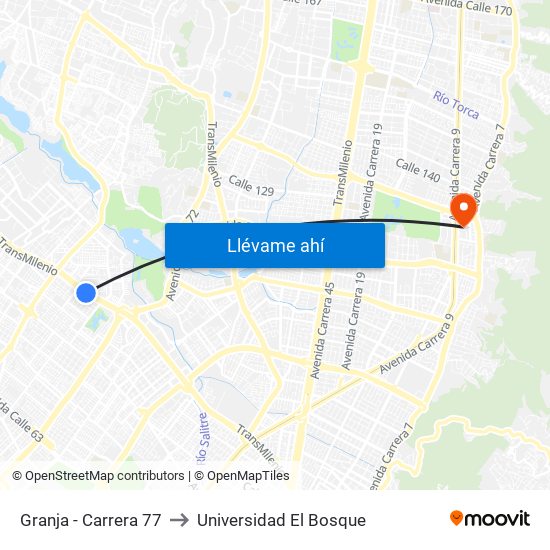 Granja - Carrera 77 to Universidad El Bosque map