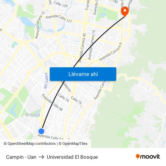 Campín - Uan to Universidad El Bosque map