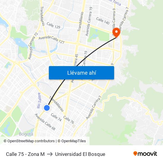 Calle 75 - Zona M to Universidad El Bosque map