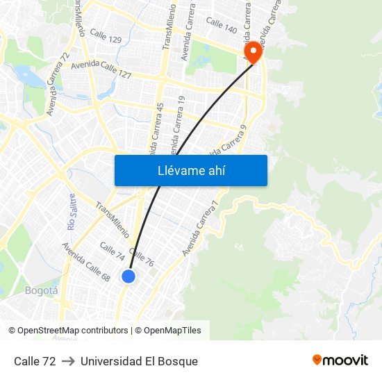 Calle 72 to Universidad El Bosque map